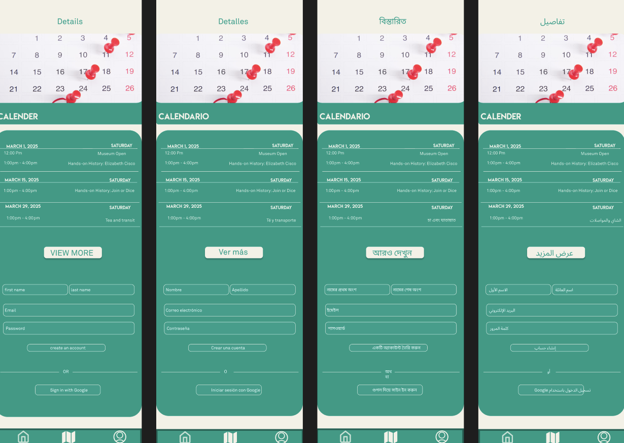 Museum events and registration screens in four languages
