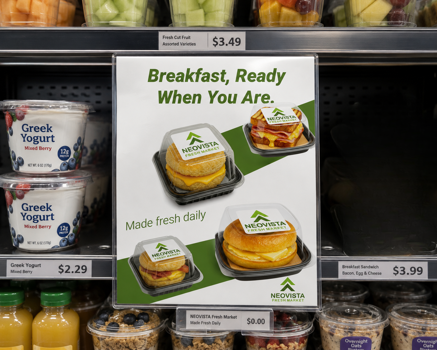 NeoVista breakfast promotion displayed in a refrigerated grocery case