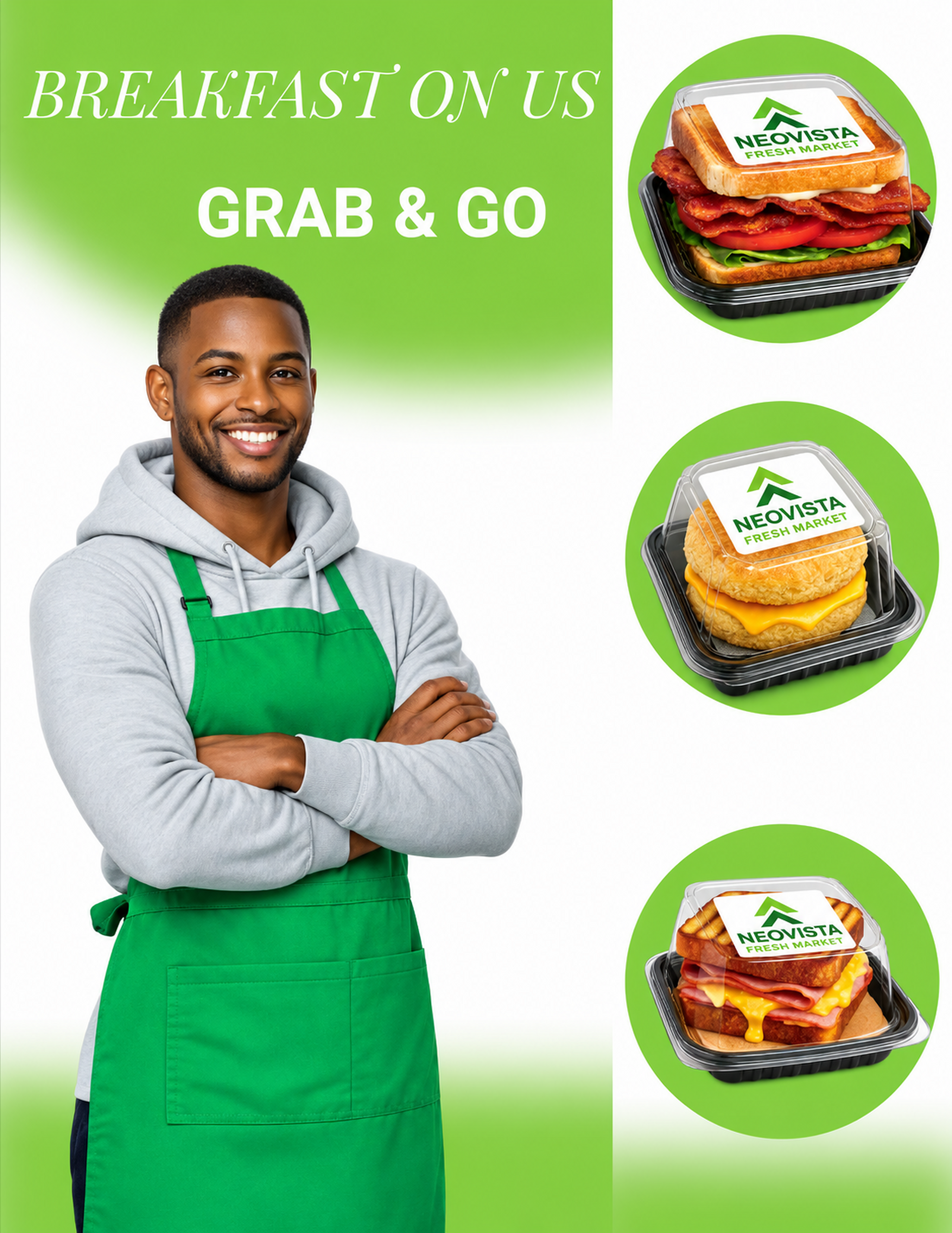 NeoVista Breakfast on Us Grab and Go breakfast menu featuring a team member and packaged breakfast sandwiches