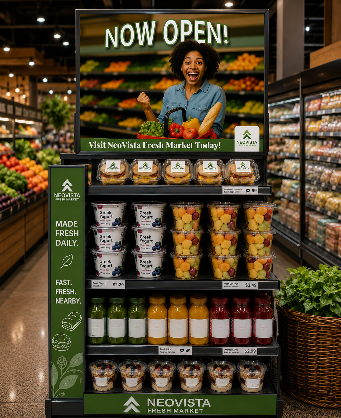 NeoVista Grab and Go retail display inside the fresh market