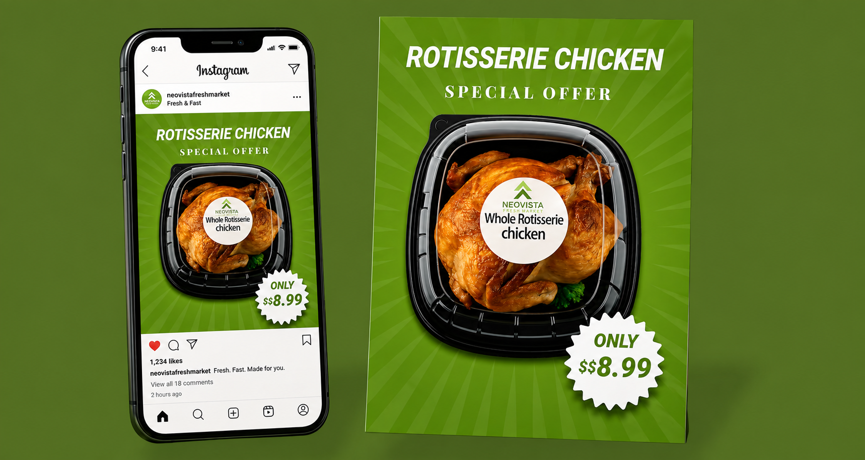 NeoVista rotisserie chicken campaign displayed on a phone and poster