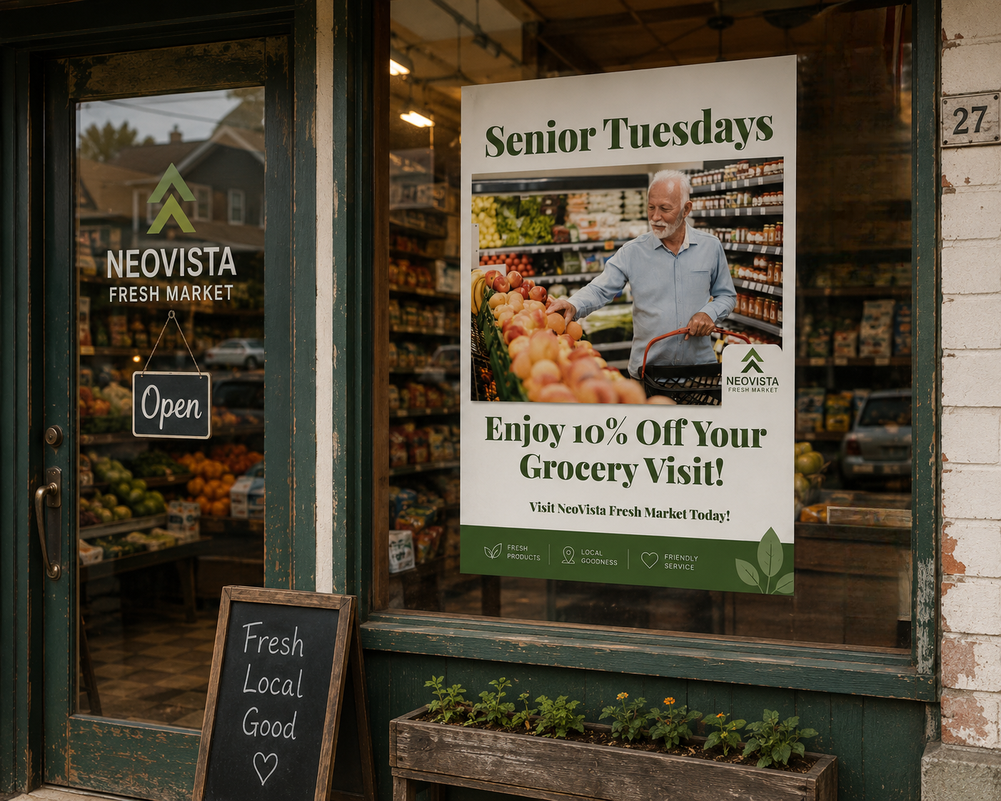 NeoVista Senior Tuesdays promotion displayed in a neighborhood market window