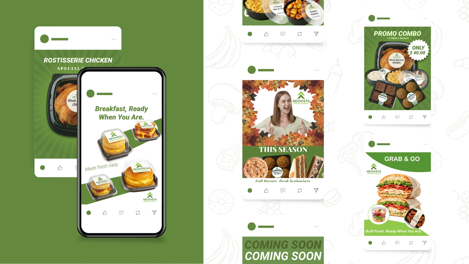 NeoVista Fresh Market social media campaign with promotional posts and a phone mockup